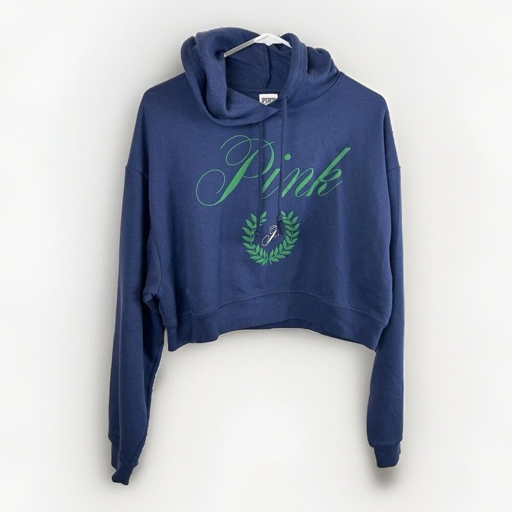 Victoria Secret Pink Navy Blue Green Cropped Hooded Winter Women's Sweatshirt M